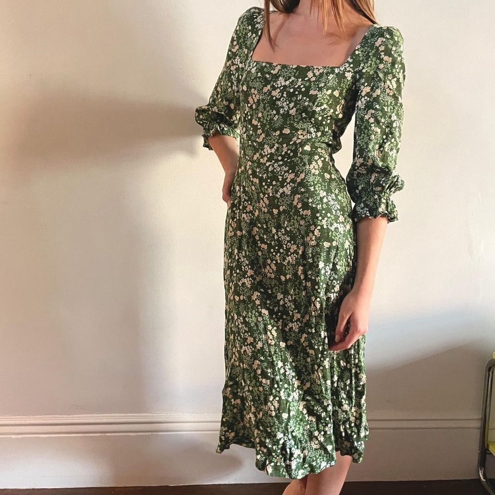 RARE REFORMATION Enid Floral Dress in ‘Autumnal’ Green